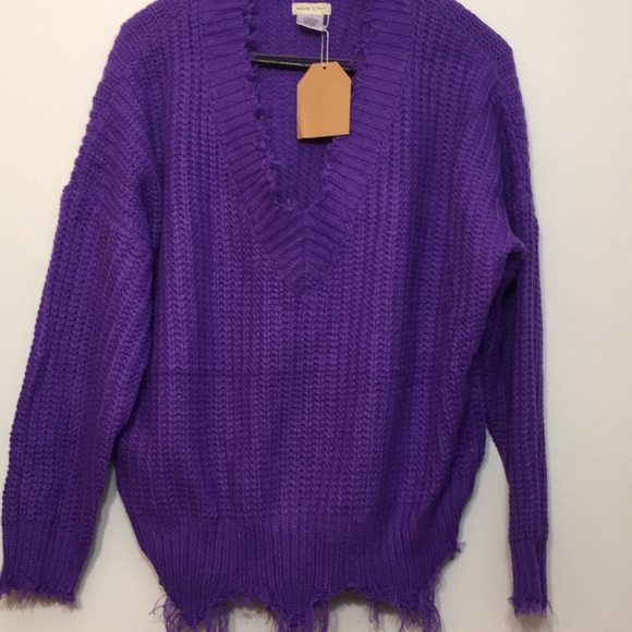 Main Strip Pullover Purple Fringed Sweater - Picture 3 of 4